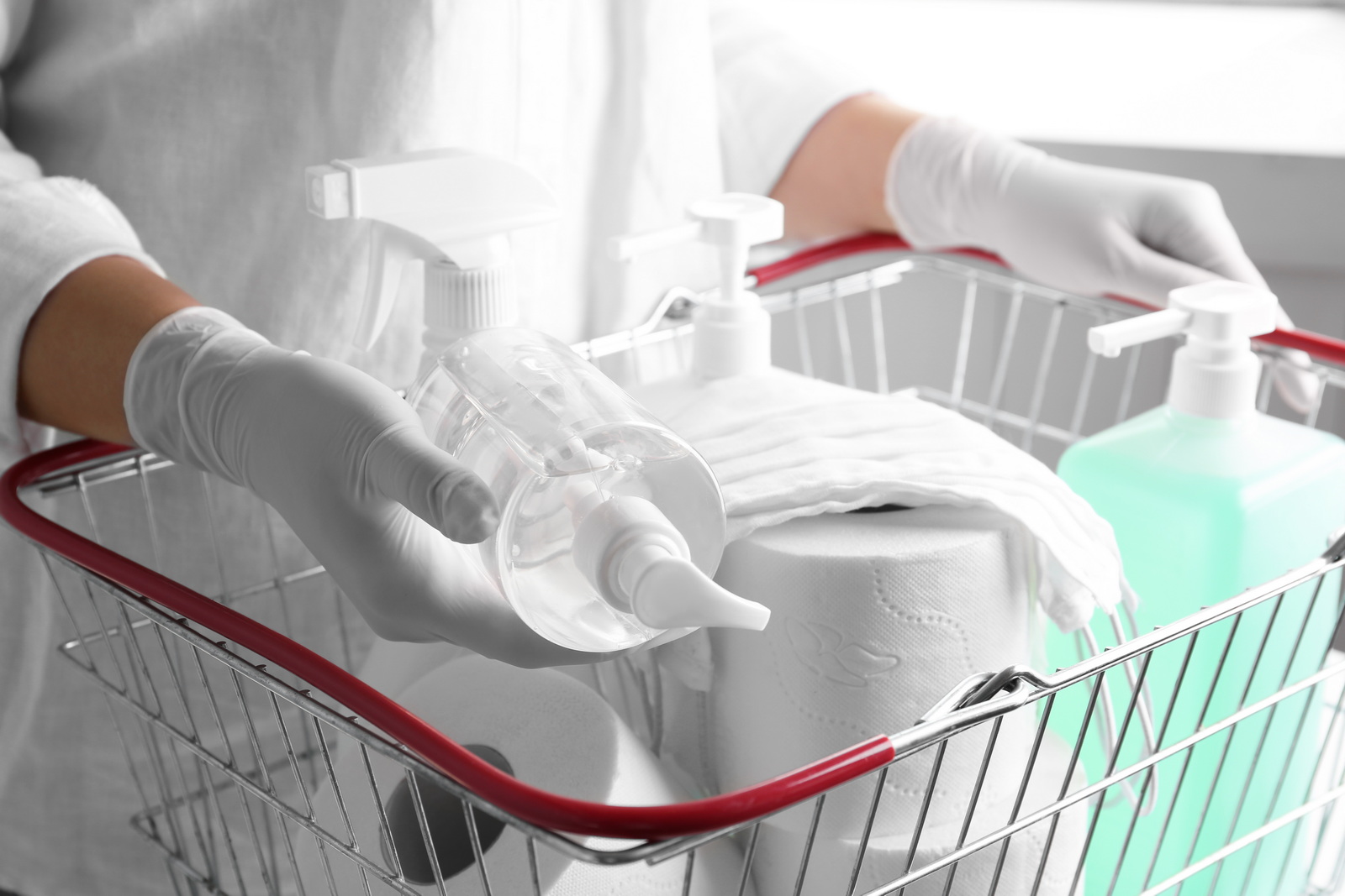 Woman With Shopping Basket Full Of Antiseptics And 2026 03 10 03 57 48 Utc 2